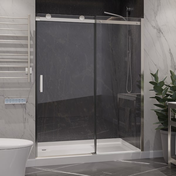 Anzzi 48 in. x 76 in. H Sliding Frameless Shower Door in Brushed Nickel w/ Tsunami Guard Tempered Glass SD-FRLS05701BN - main